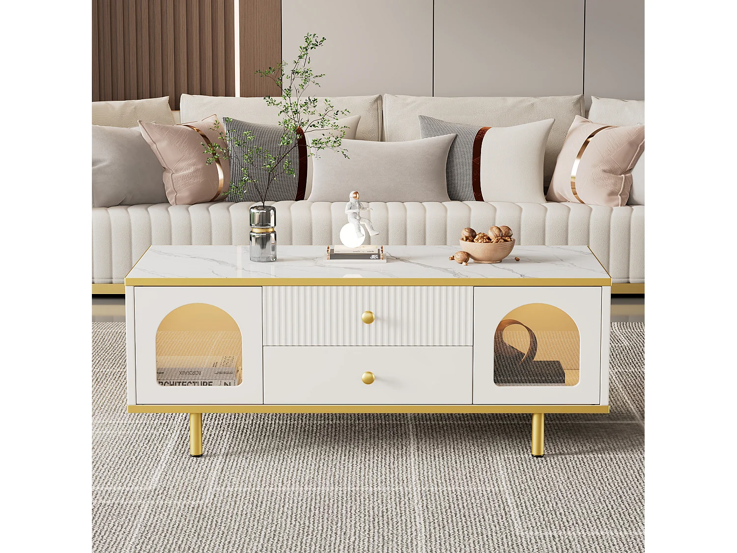 Table basse moderne avec 2 portes et 2 tiroirs - lumières LED - 100x50x43 cm - motif en marbre - métal doré et Panneaux de particules - blanc