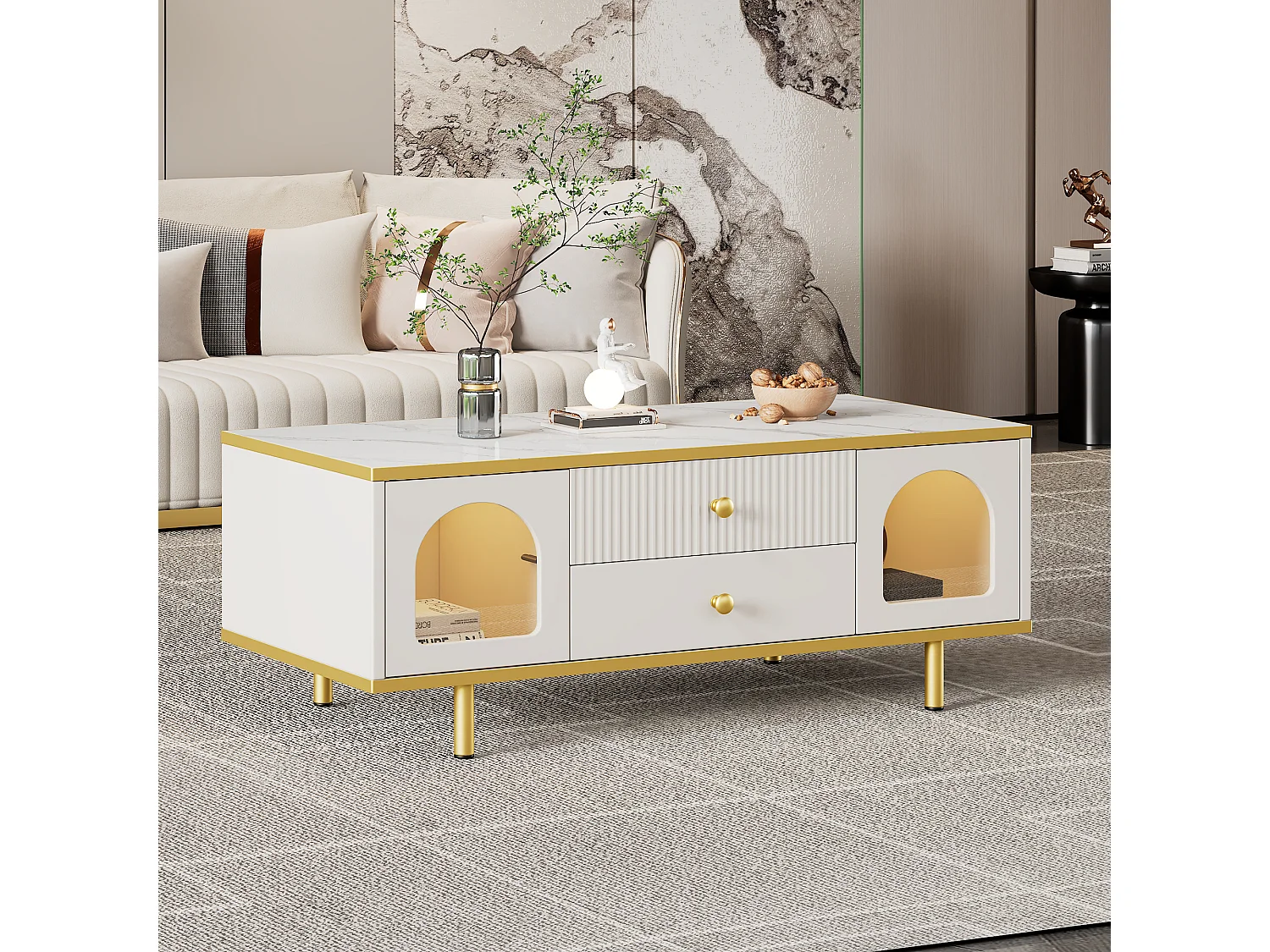 Table basse moderne avec 2 portes et 2 tiroirs - lumières LED - 100x50x43 cm - motif en marbre - métal doré et Panneaux de particules - blanc