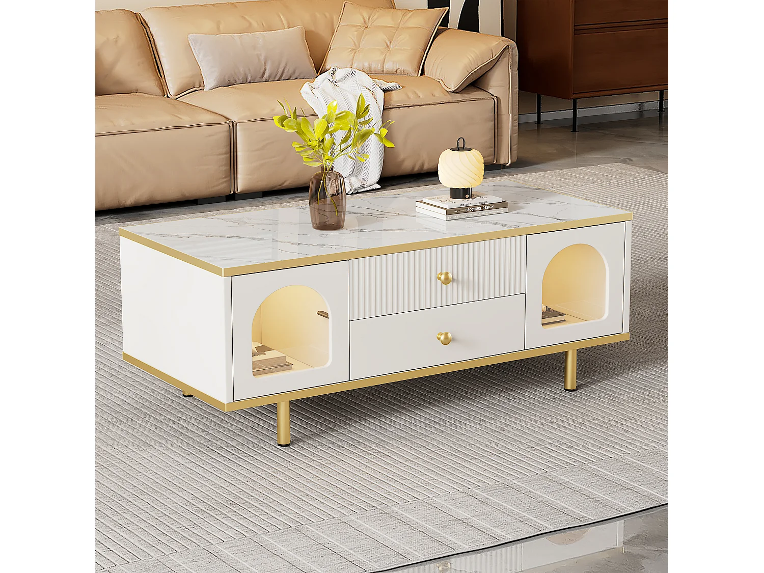 Table basse moderne avec 2 portes et 2 tiroirs - lumières LED - 100x50x43 cm - motif en marbre - métal doré et Panneaux de particules - blanc