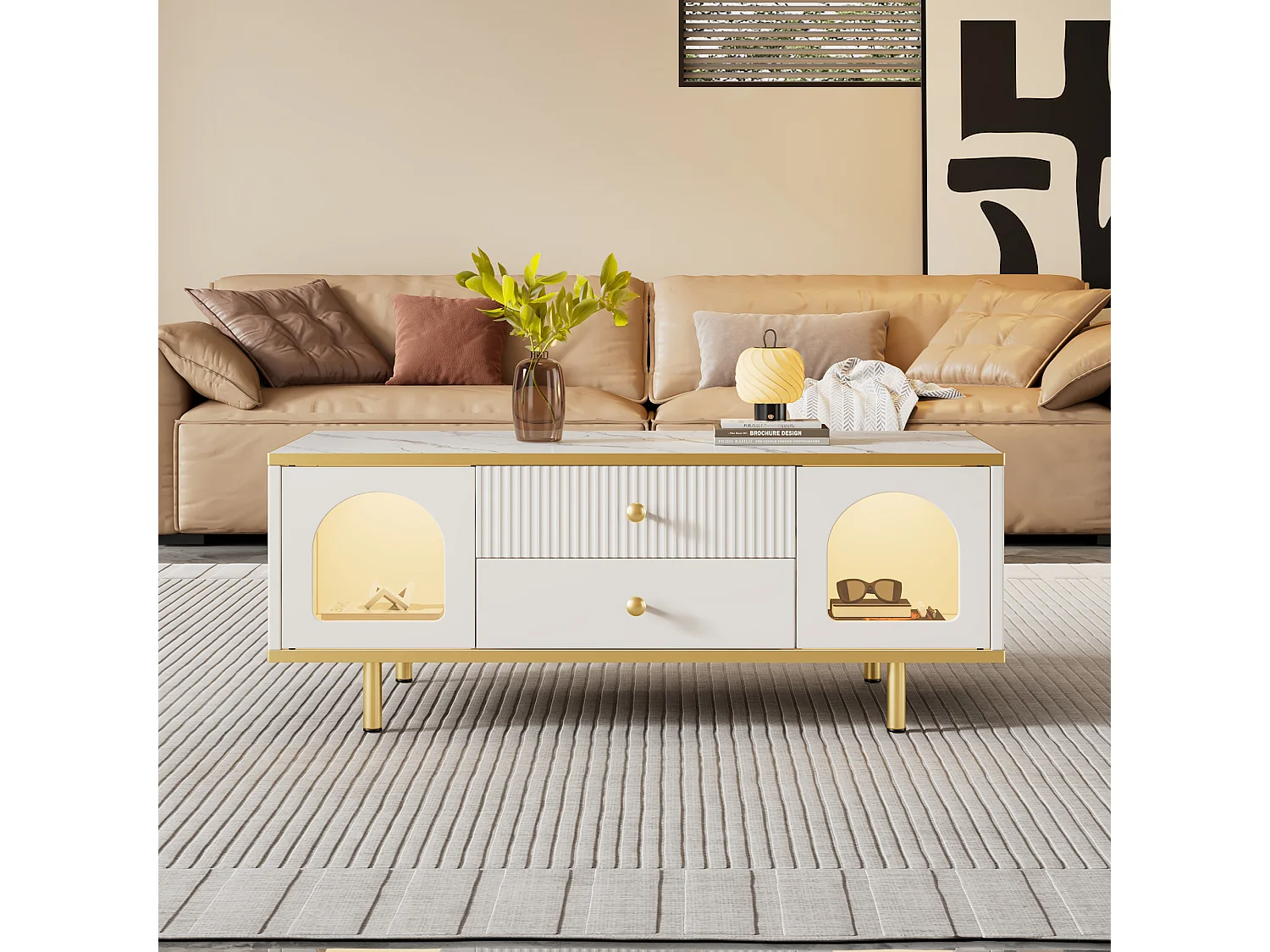 Table basse moderne avec 2 portes et 2 tiroirs - lumières LED - 100x50x43 cm - motif en marbre - métal doré et Panneaux de particules - blanc