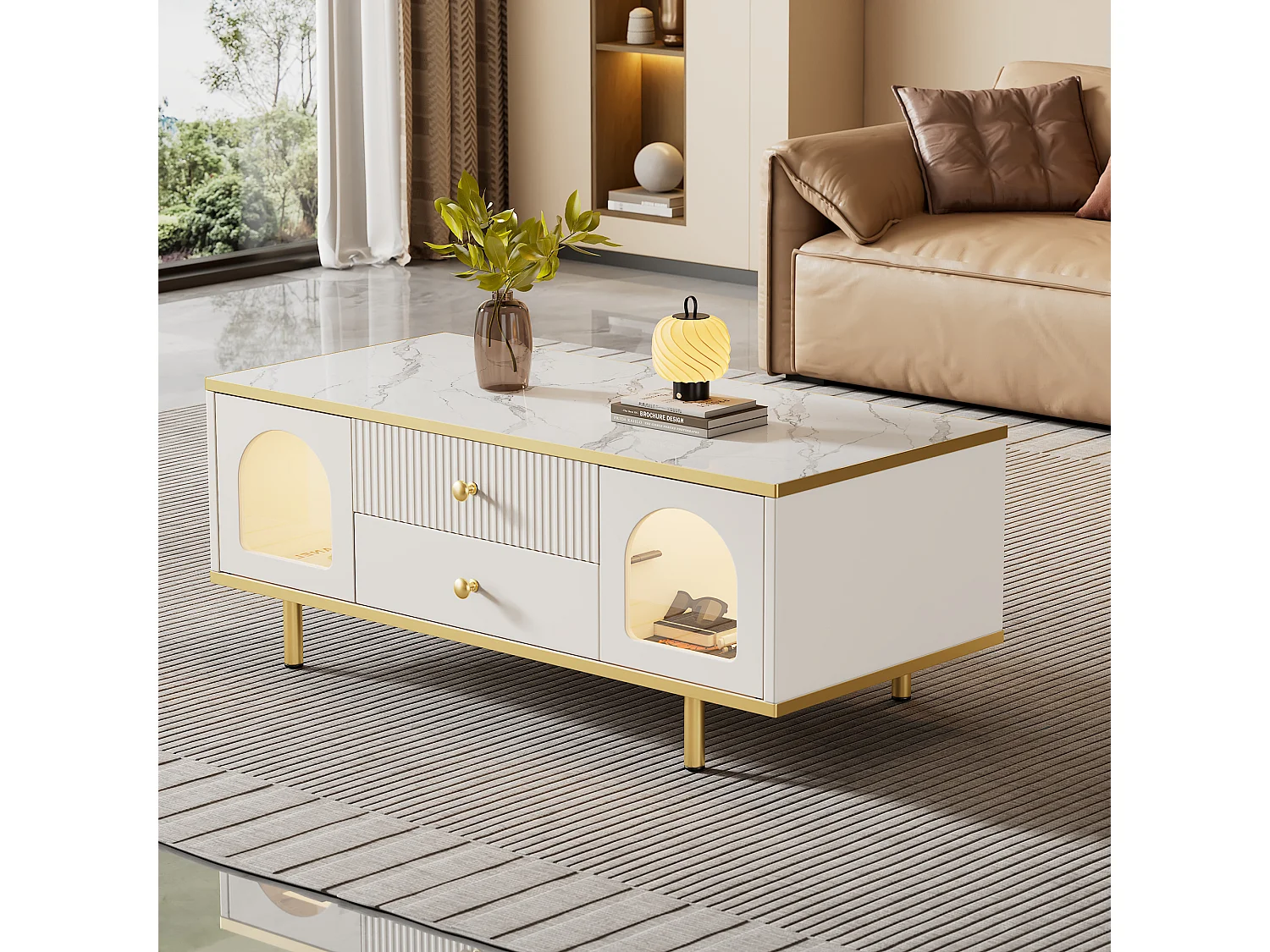 Table basse moderne avec 2 portes et 2 tiroirs - lumières LED - 100x50x43 cm - motif en marbre - métal doré et Panneaux de particules - blanc