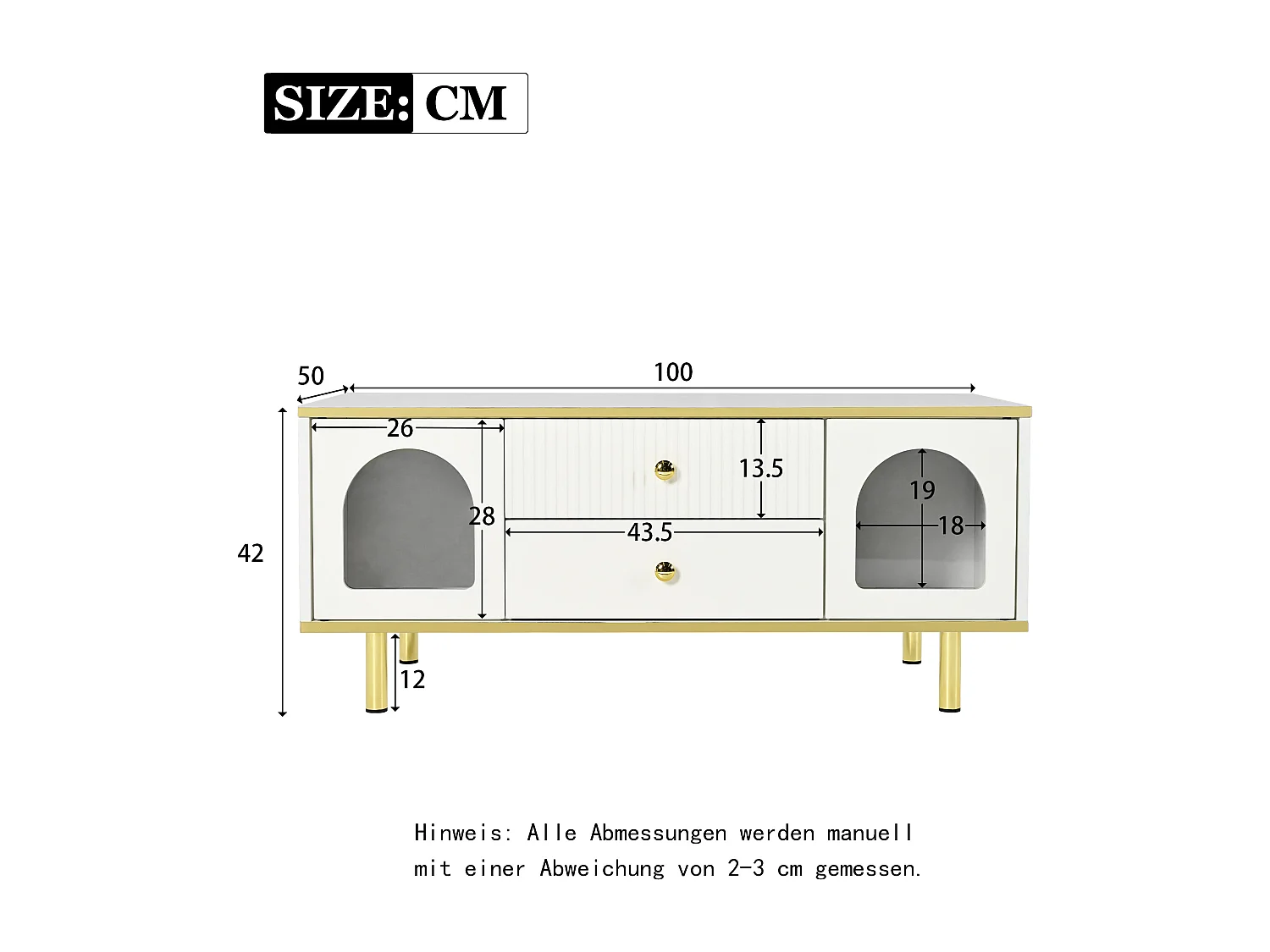 Table basse moderne avec 2 portes et 2 tiroirs - lumières LED - 100x50x43 cm - motif en marbre - métal doré et Panneaux de particules - blanc