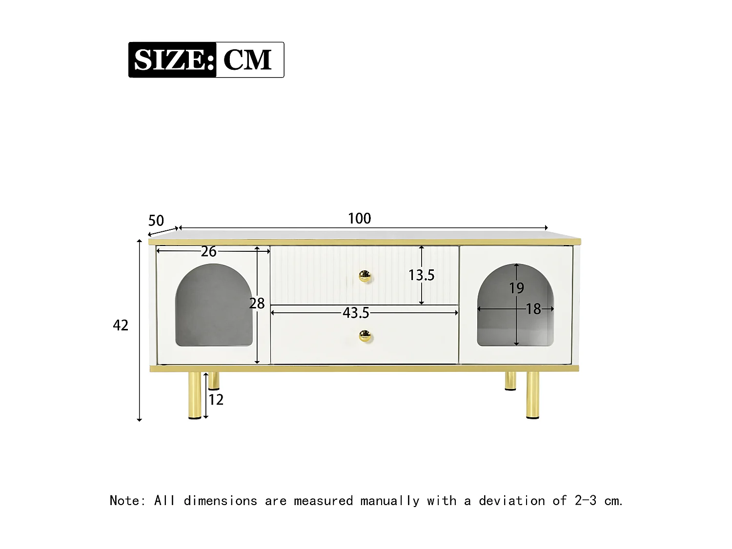 Table basse moderne avec 2 portes et 2 tiroirs - lumières LED - 100x50x43 cm - motif en marbre - métal doré et Panneaux de particules - blanc