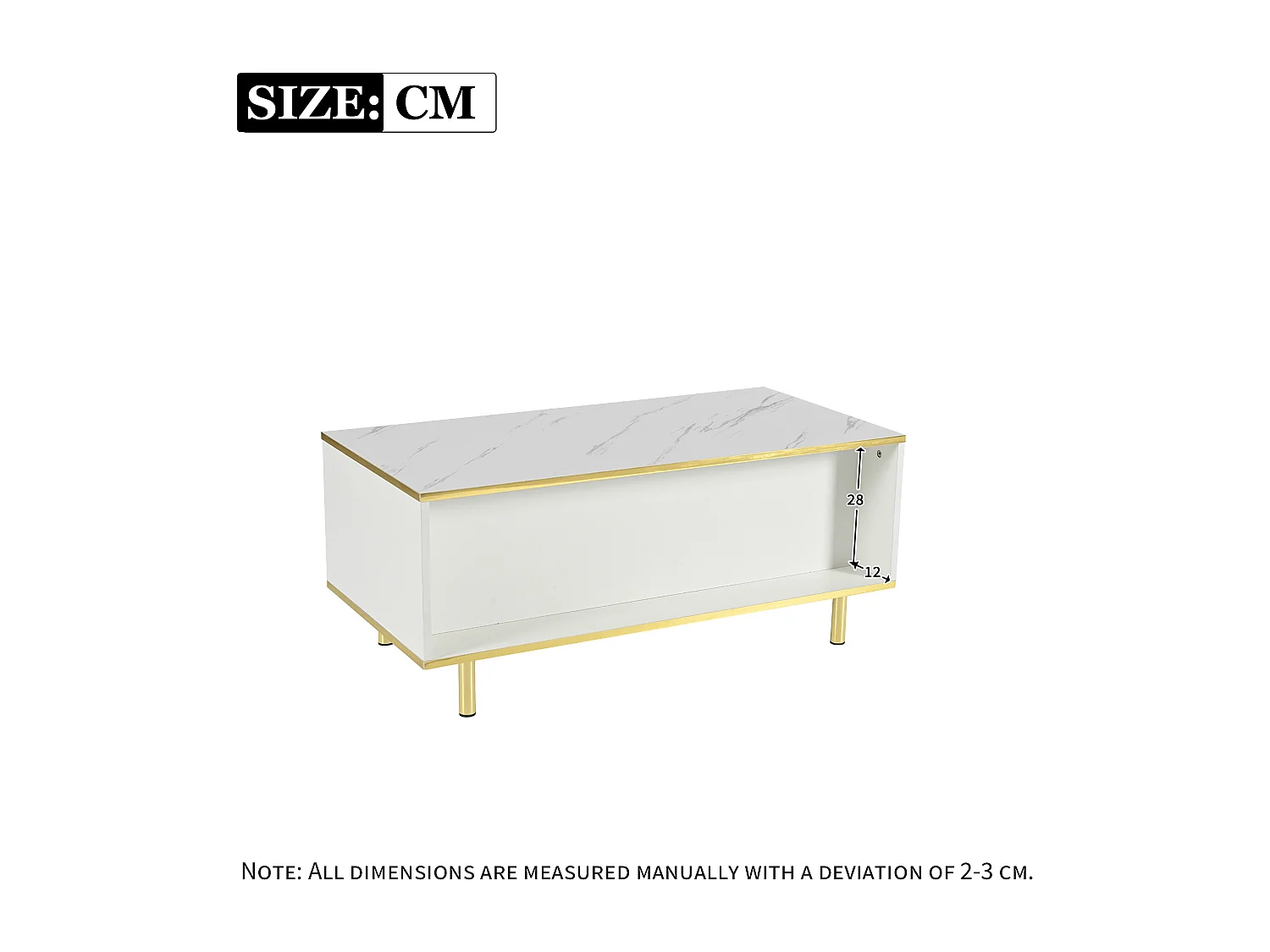 Table basse moderne avec 2 portes et 2 tiroirs - lumières LED - 100x50x43 cm - motif en marbre - métal doré et Panneaux de particules - blanc