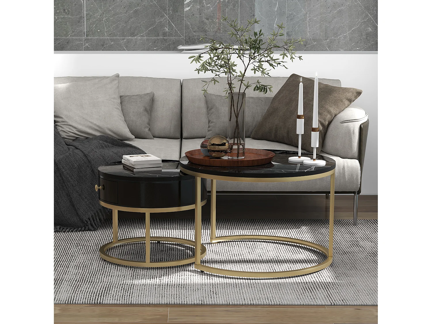 Set van 2 moderne ronde in elkaar geschoven salontafels met glanzend marmerpatroon - MDF hout en goud metaal - Zwart