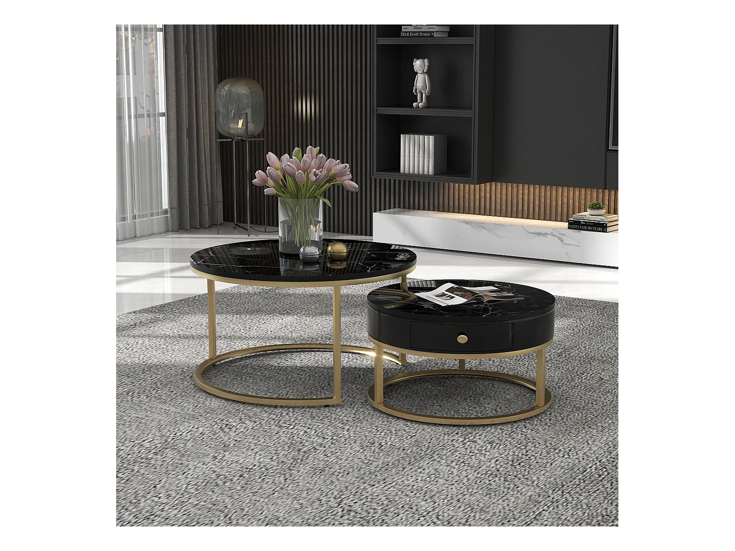 Lot de 2 tables basses rondes gigognes avec 1 tiroir moderne motif marbre brillant - bois MDF et métal doré - Noir