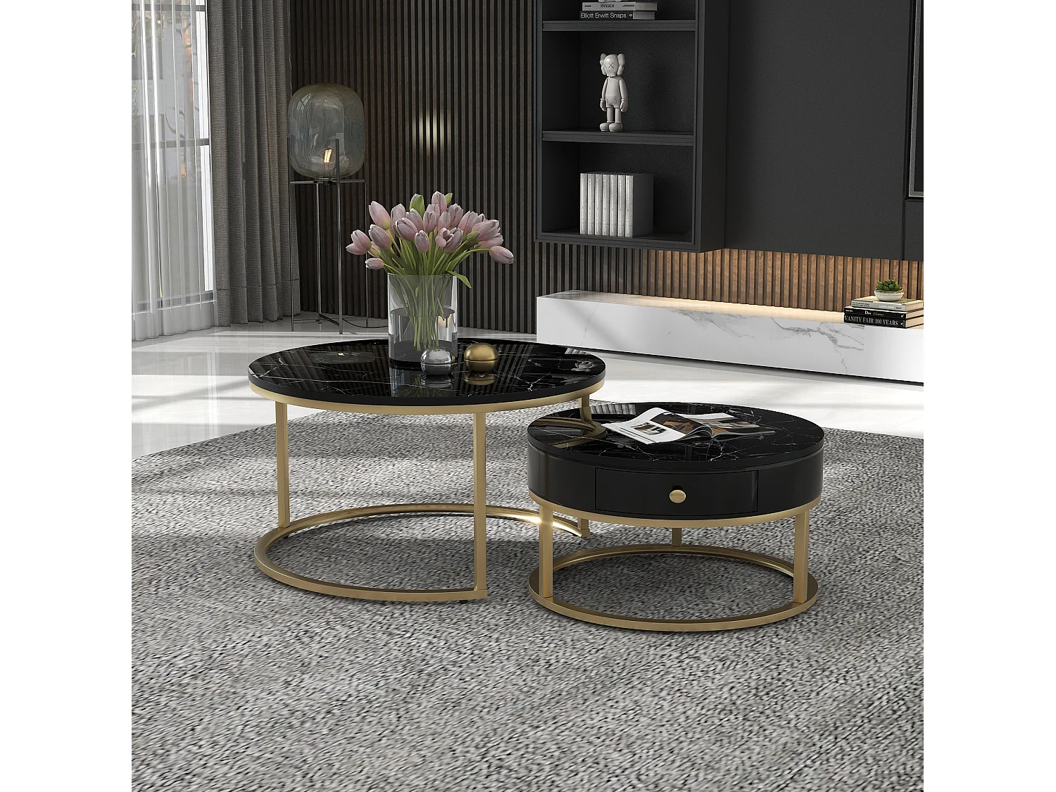 Set aus 2 modernen, runden, ineinander steckbaren Couchtischen mit glänzendem Marmormuster – MDF-Holz und goldfarbenes Metall – Schwarz