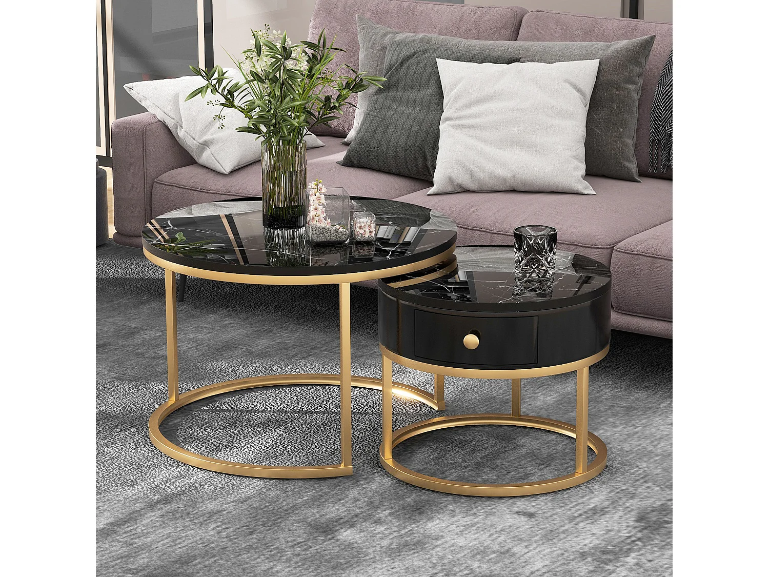 Set aus 2 modernen, runden, ineinander steckbaren Couchtischen mit glänzendem Marmormuster – MDF-Holz und goldfarbenes Metall – Schwarz