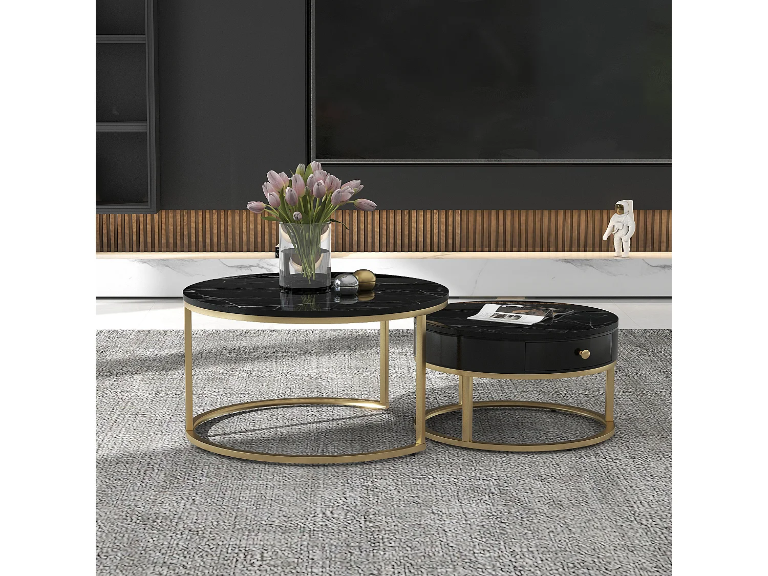 Set aus 2 modernen, runden, ineinander steckbaren Couchtischen mit glänzendem Marmormuster – MDF-Holz und goldfarbenes Metall – Schwarz