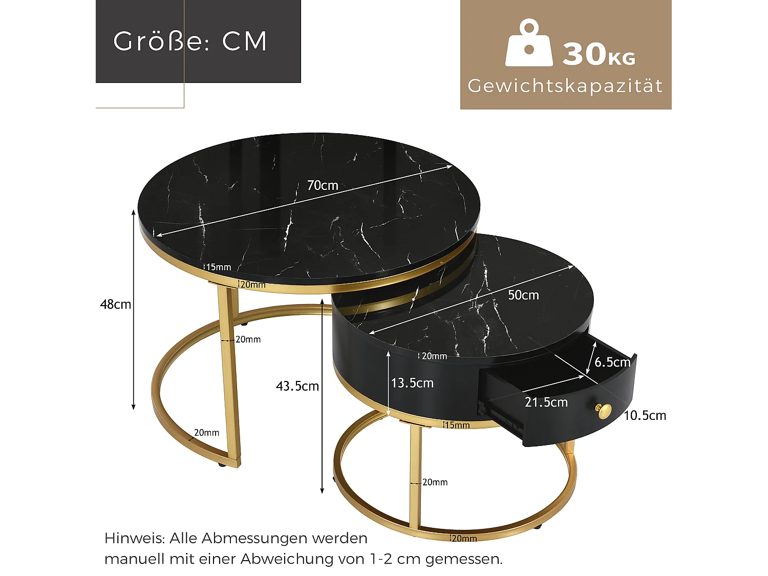Set aus 2 modernen, runden, ineinander steckbaren Couchtischen mit glänzendem Marmormuster – MDF-Holz und goldfarbenes Metall – Schwarz