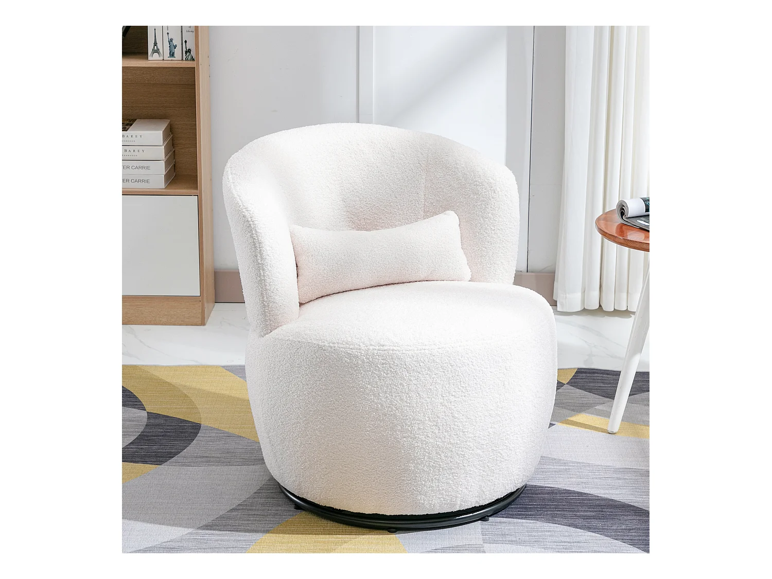 Fauteuil pivotante à main, chaise avec coussin lombaire, tissu en peluche, sans accoudoir, blanc