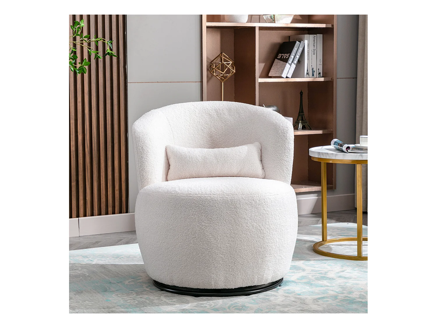 Handdraaifauteuil, stoel met lendenkussen, pluche stof, zonder armleuning, wit