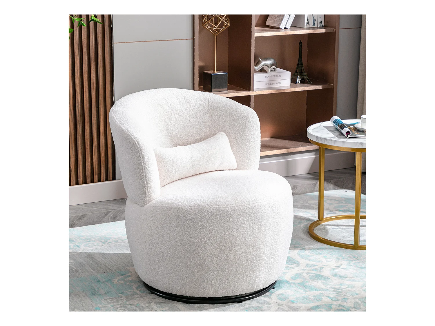 Handdraaifauteuil, stoel met lendenkussen, pluche stof, zonder armleuning, wit