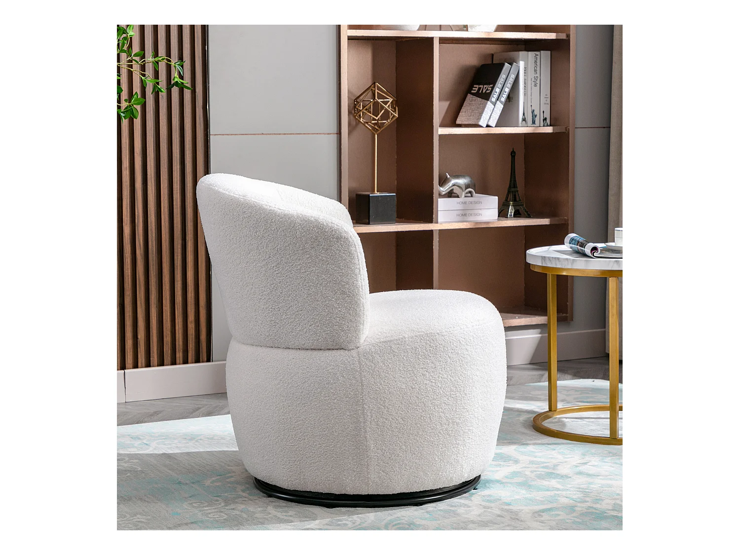 Handdraaifauteuil, stoel met lendenkussen, pluche stof, zonder armleuning, wit