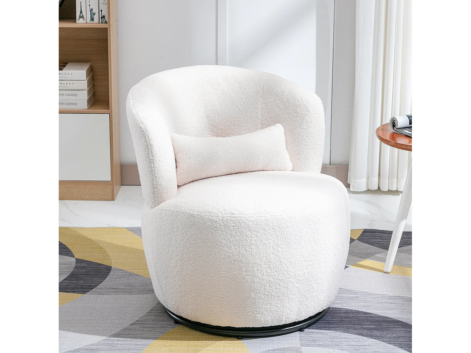 Fauteuil pivotante à main, chaise avec coussin lombaire, tissu en peluche, sans accoudoir, blanc