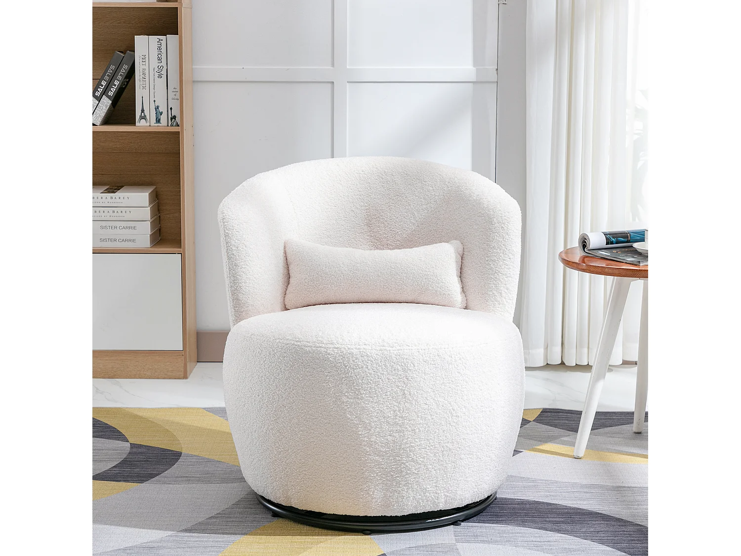 Fauteuil pivotante à main, chaise avec coussin lombaire, tissu en peluche, sans accoudoir, blanc