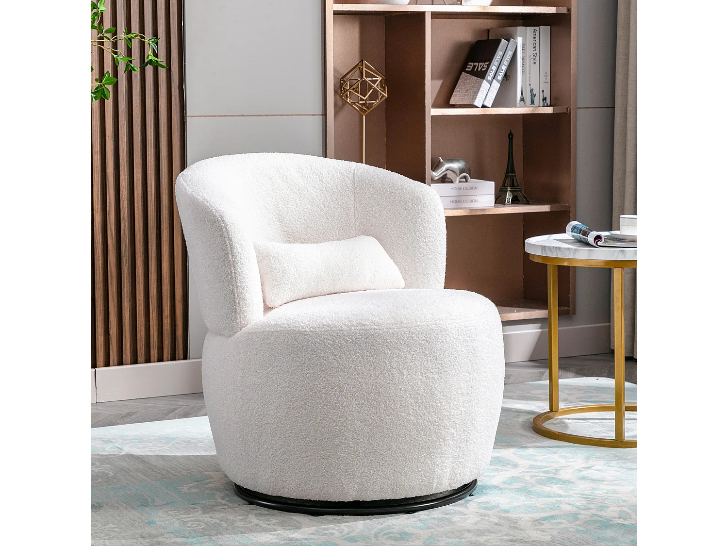 Fauteuil pivotante à main, chaise avec coussin lombaire, tissu en peluche, sans accoudoir, blanc