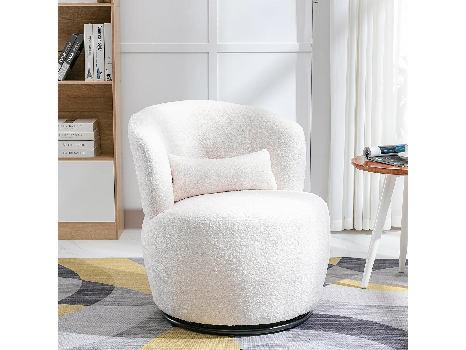 Fauteuil pivotante à main, chaise avec coussin lombaire, tissu en peluche, sans accoudoir, blanc