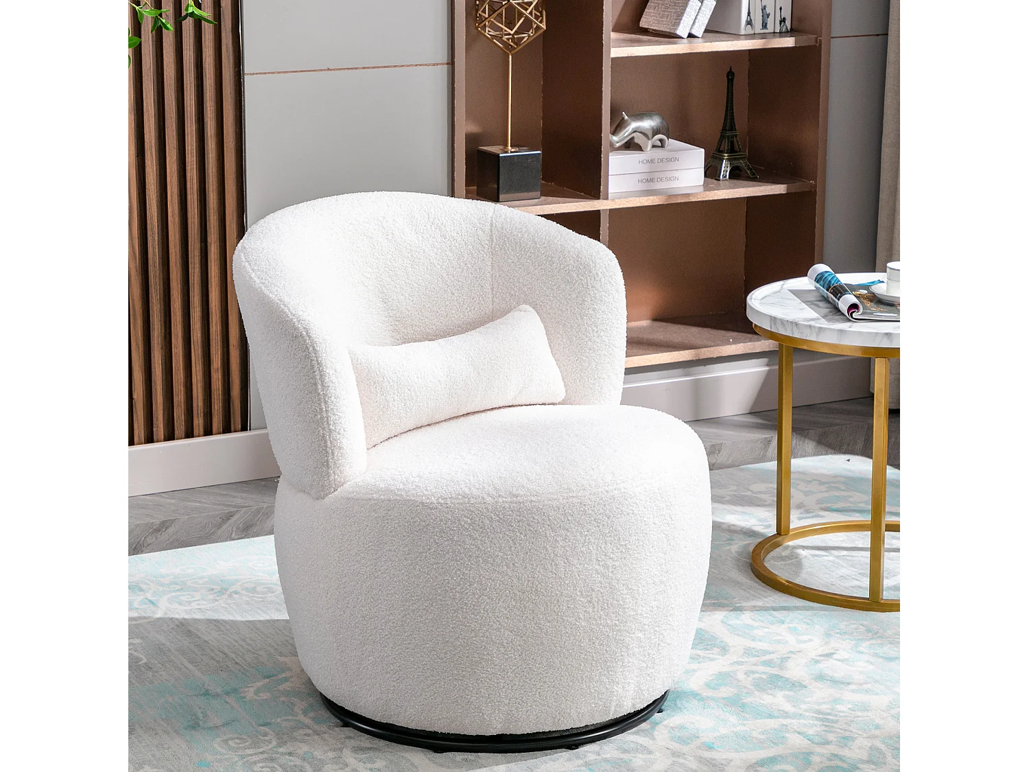 Fauteuil pivotante à main, chaise avec coussin lombaire, tissu en peluche, sans accoudoir, blanc