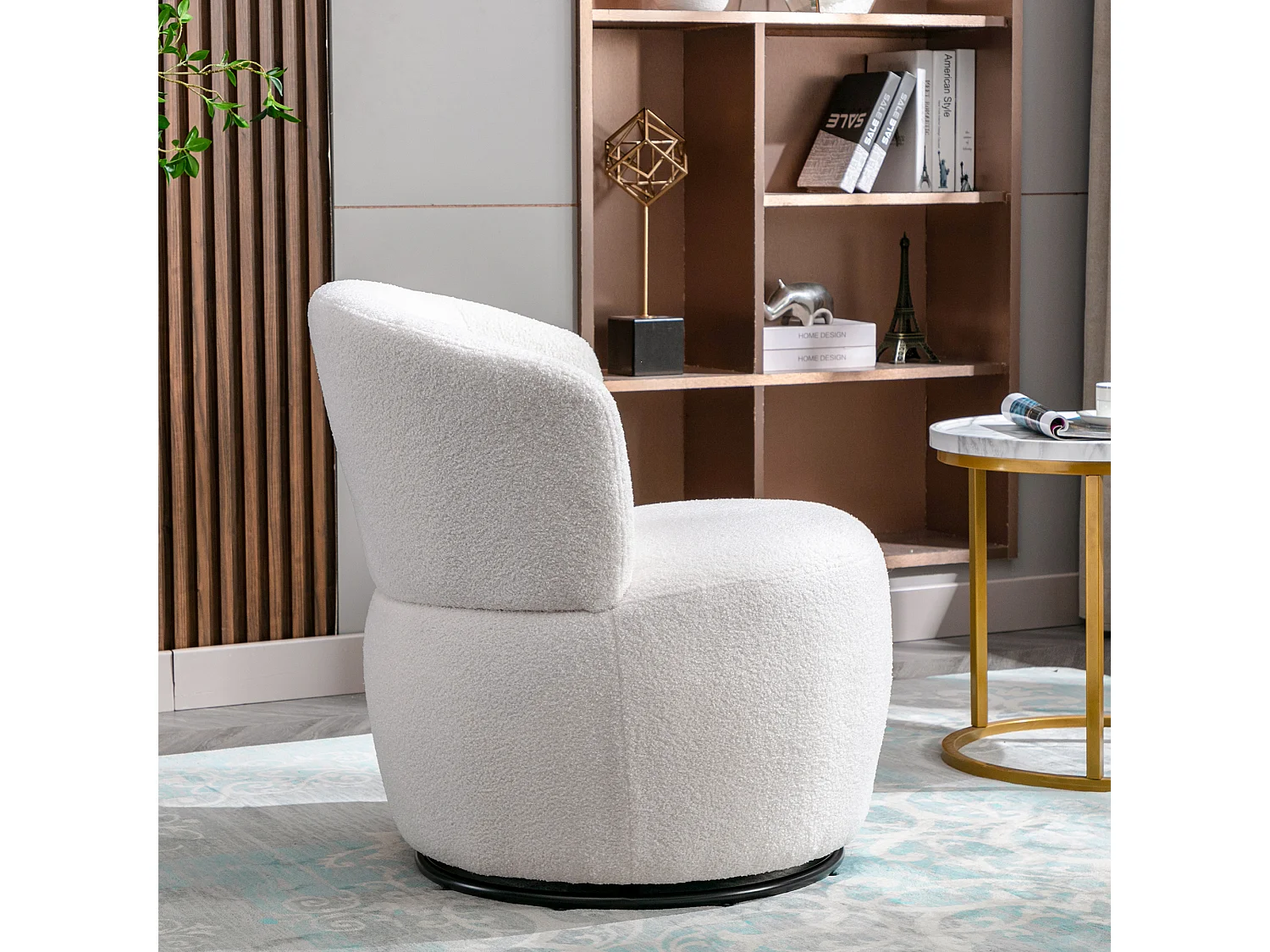 Fauteuil pivotante à main, chaise avec coussin lombaire, tissu en peluche, sans accoudoir, blanc