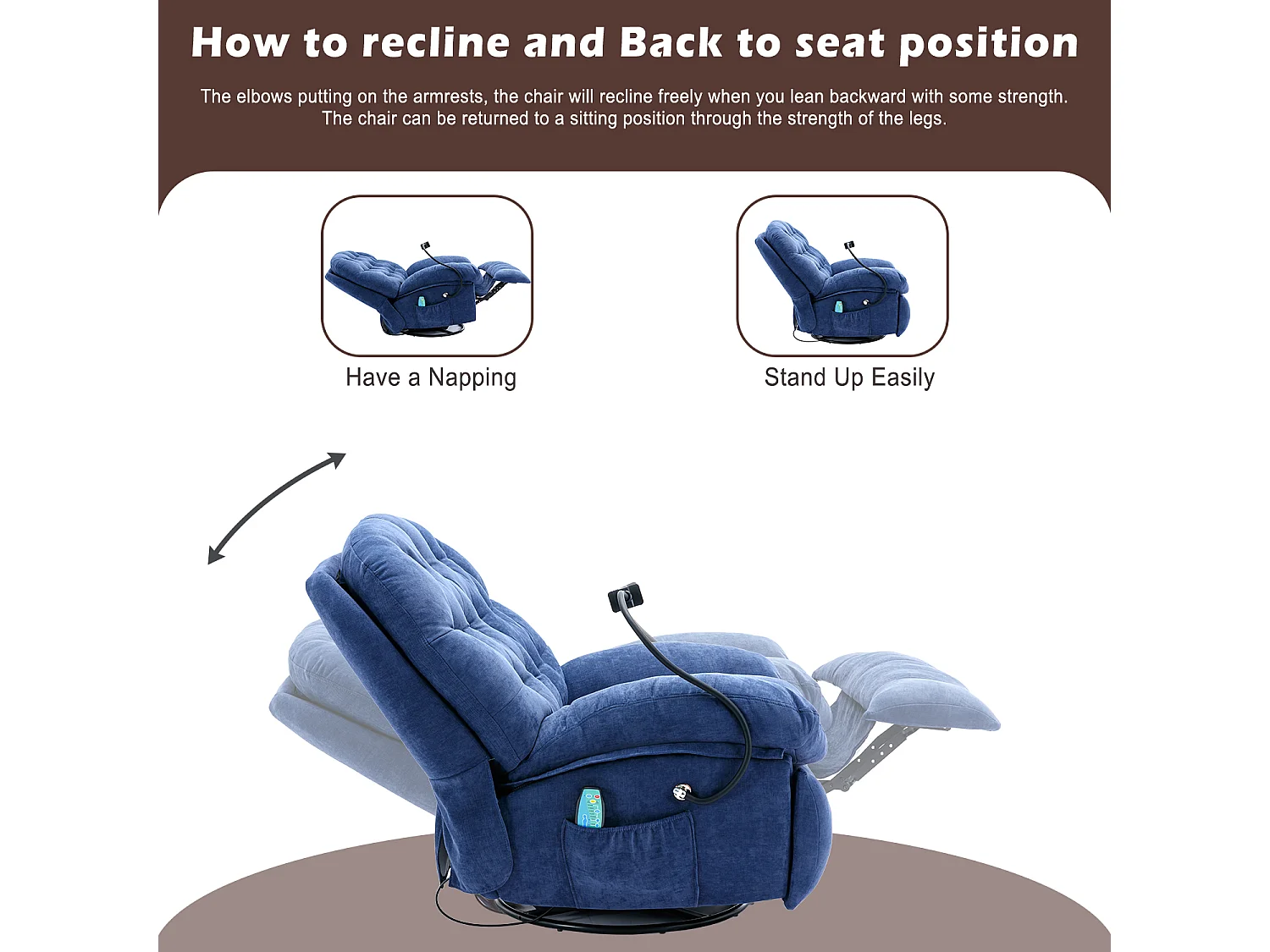 360° drehbarer Sessel, Relaxsessel mit Telefonhalter, beheizbar, gepolsterte Armlehnen und Rückenlehne, Blau