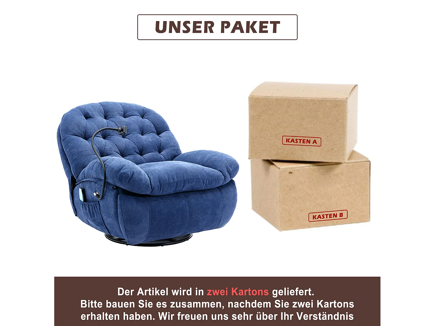 360° drehbarer Sessel, Relaxsessel mit Telefonhalter, beheizbar, gepolsterte Armlehnen und Rückenlehne, Blau