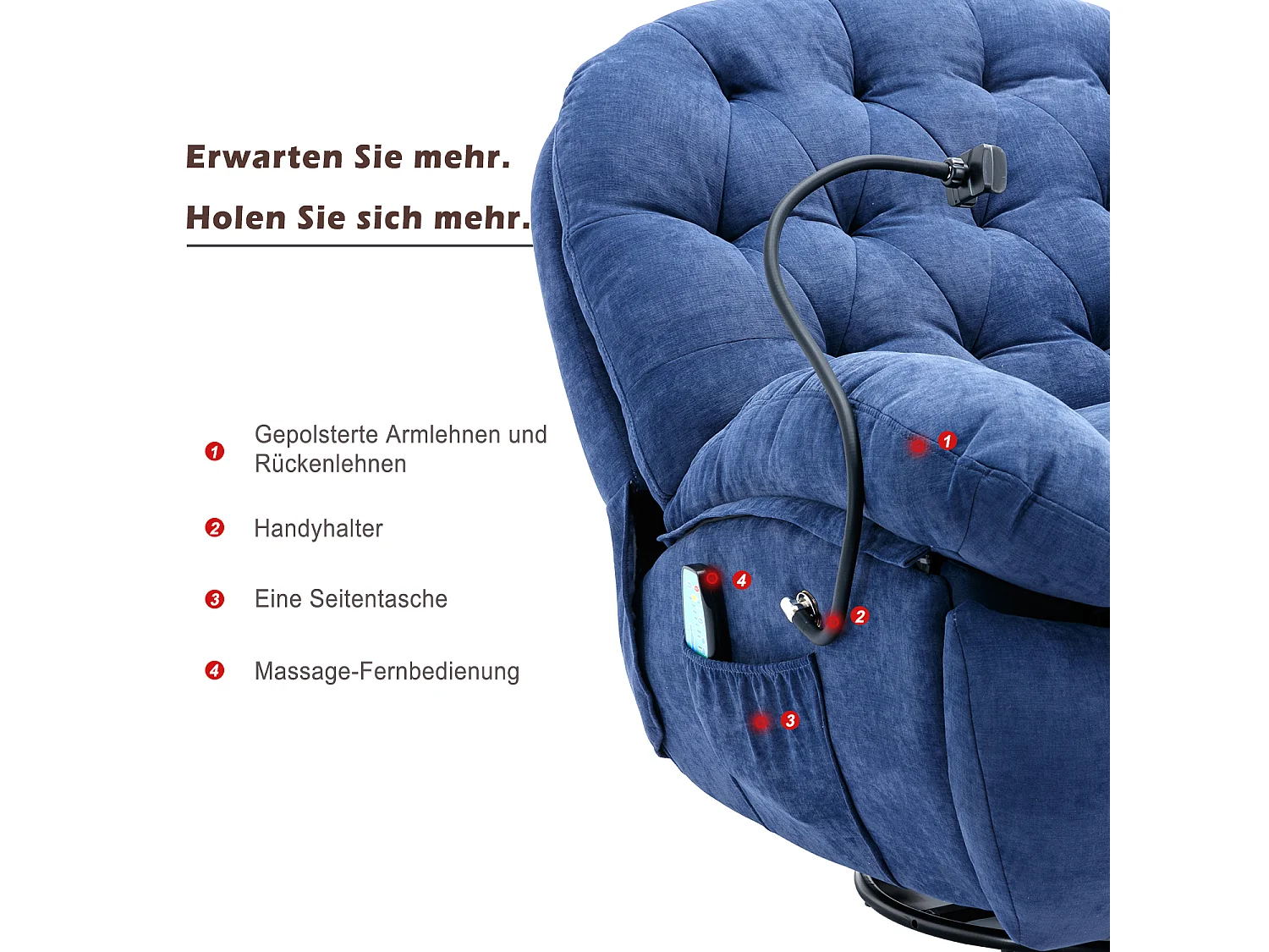 360° drehbarer Sessel, Relaxsessel mit Telefonhalter, beheizbar, gepolsterte Armlehnen und Rückenlehne, Blau