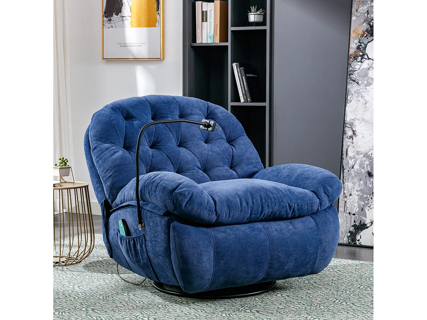 360° drehbarer Sessel, Relaxsessel mit Telefonhalter, beheizbar, gepolsterte Armlehnen und Rückenlehne, Blau