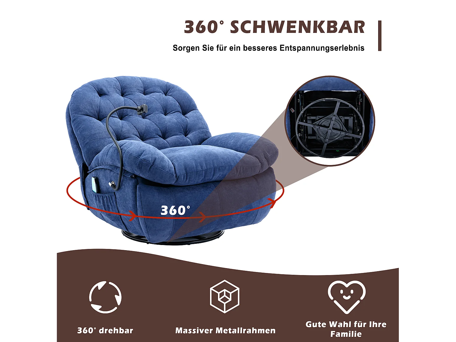 Fotel obrotowy 360° z uchwytem na telefon, podgrzewany, wyściełane podłokietniki i oparcie, niebieski