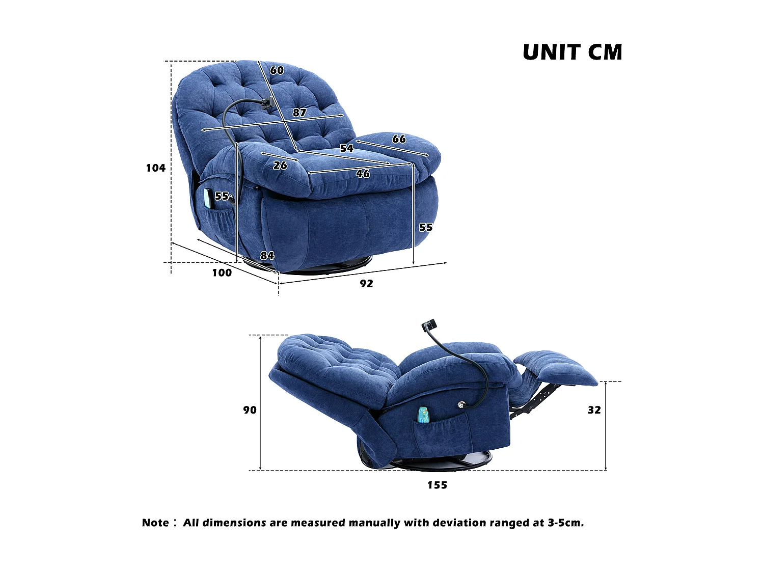 Fotel obrotowy 360° z uchwytem na telefon, podgrzewany, wyściełane podłokietniki i oparcie, niebieski