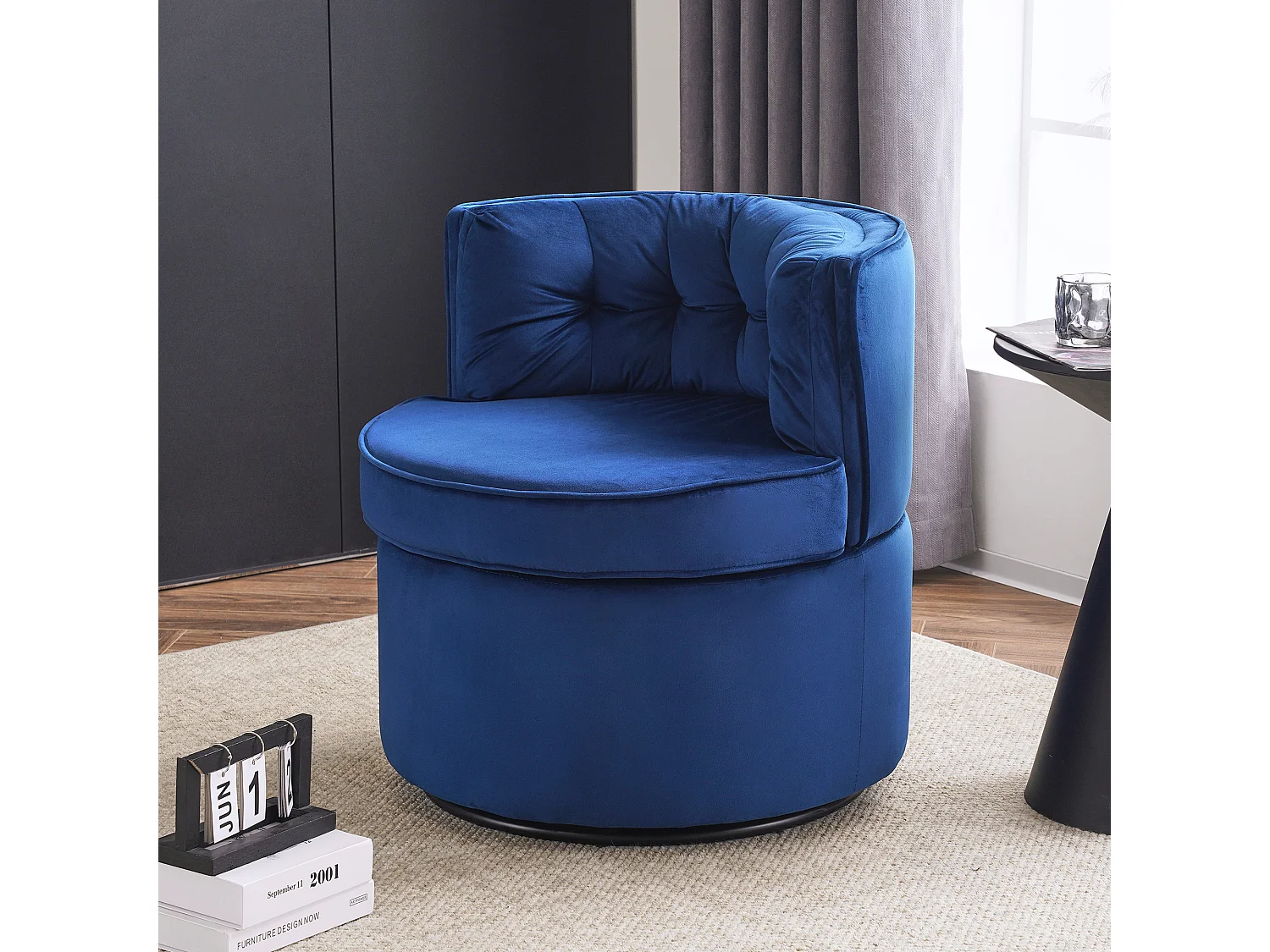 Sillón giratorio redondo - tapizado en terciopelo con respaldo - cómodo sillón - azul - 65 x 65 x 69 cm