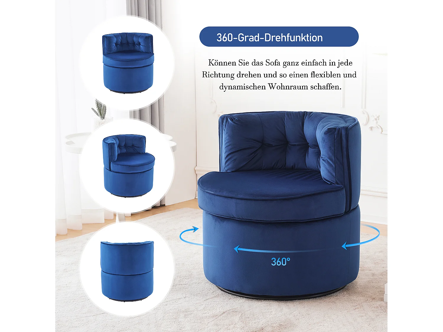 Sillón giratorio redondo - tapizado en terciopelo con respaldo - cómodo sillón - azul - 65 x 65 x 69 cm