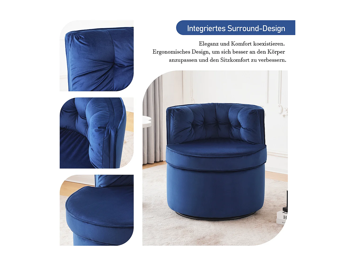 Sillón giratorio redondo - tapizado en terciopelo con respaldo - cómodo sillón - azul - 65 x 65 x 69 cm