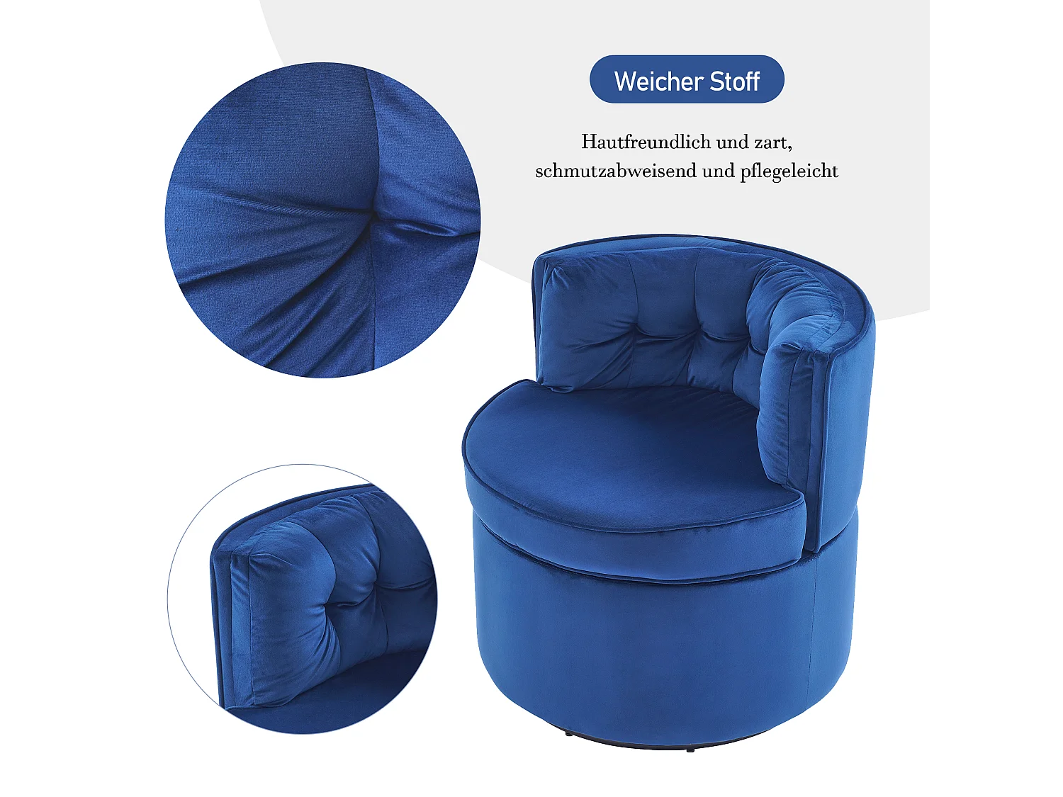 Sillón giratorio redondo - tapizado en terciopelo con respaldo - cómodo sillón - azul - 65 x 65 x 69 cm