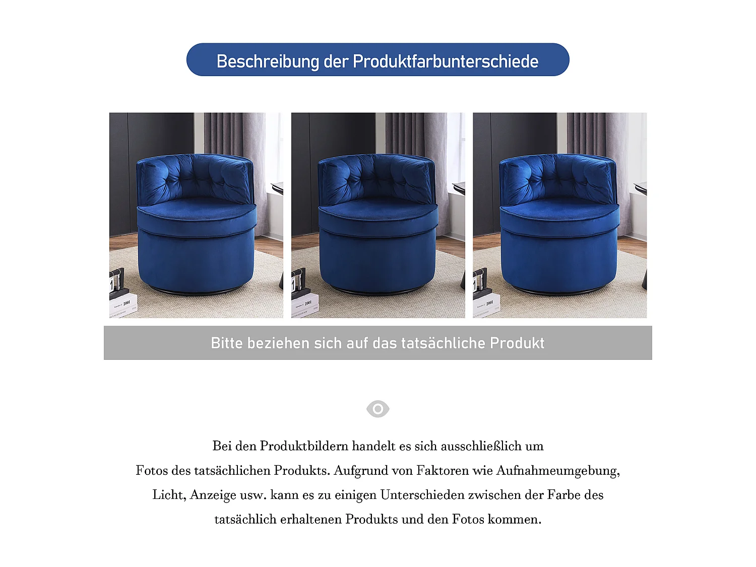 Sillón giratorio redondo - tapizado en terciopelo con respaldo - cómodo sillón - azul - 65 x 65 x 69 cm