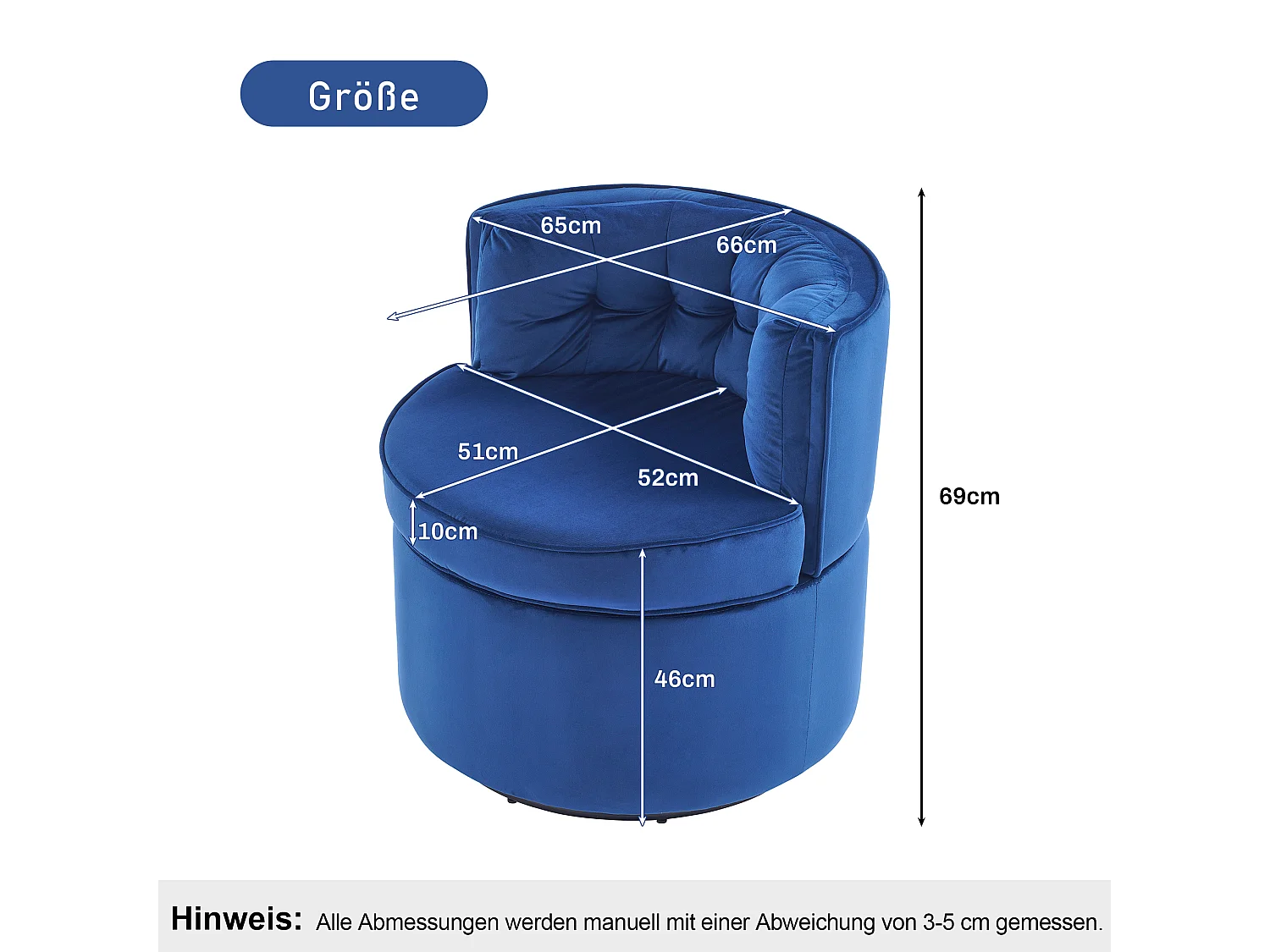 Sillón giratorio redondo - tapizado en terciopelo con respaldo - cómodo sillón - azul - 65 x 65 x 69 cm