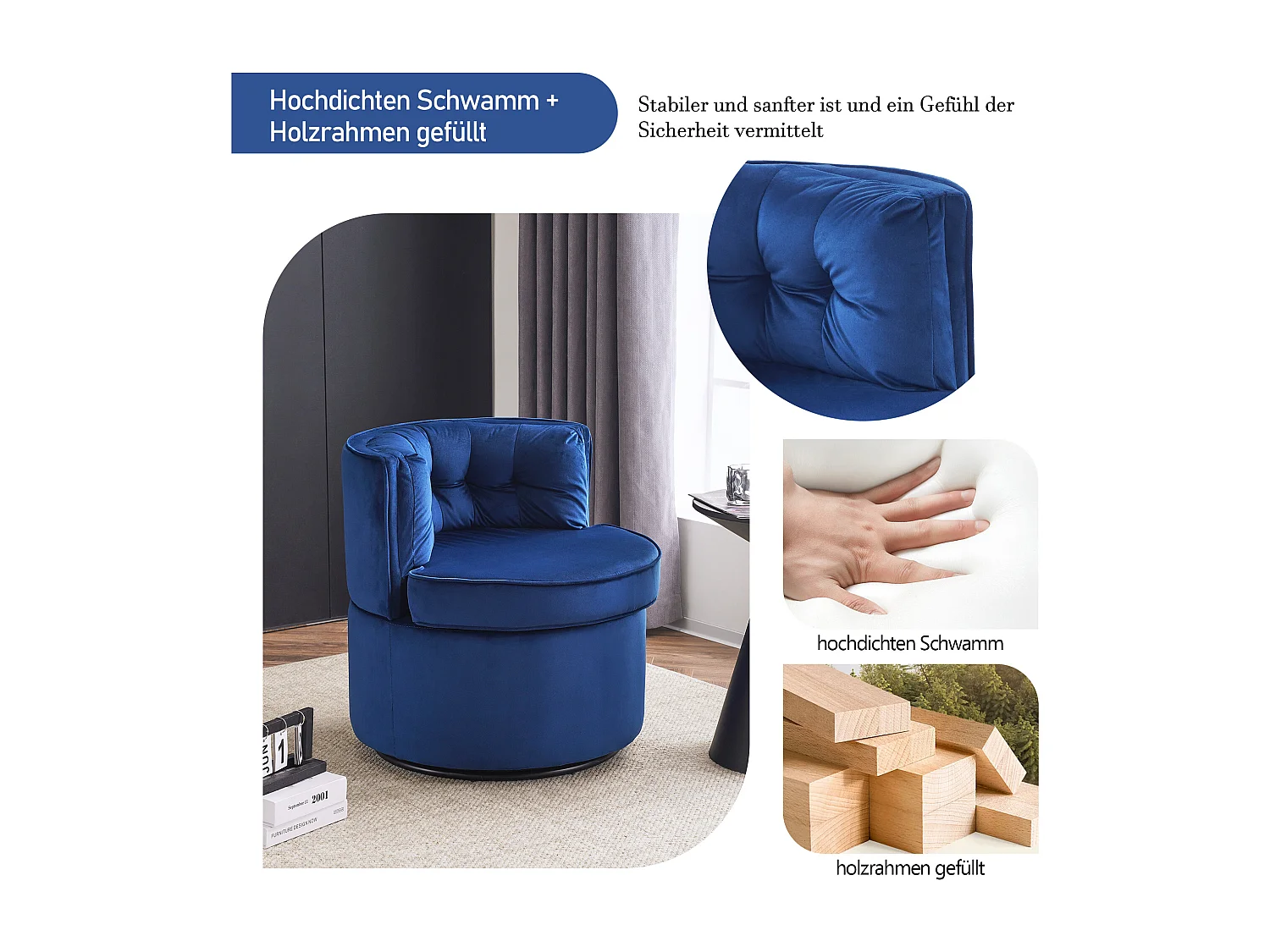 Sillón giratorio redondo - tapizado en terciopelo con respaldo - cómodo sillón - azul - 65 x 65 x 69 cm