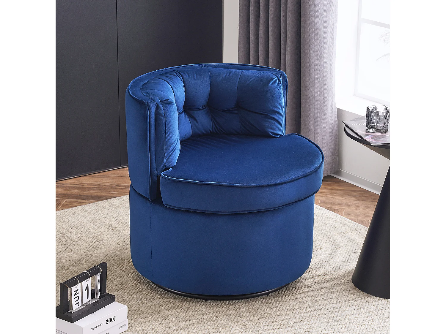 Sillón giratorio redondo - tapizado en terciopelo con respaldo - cómodo sillón - azul - 65 x 65 x 69 cm