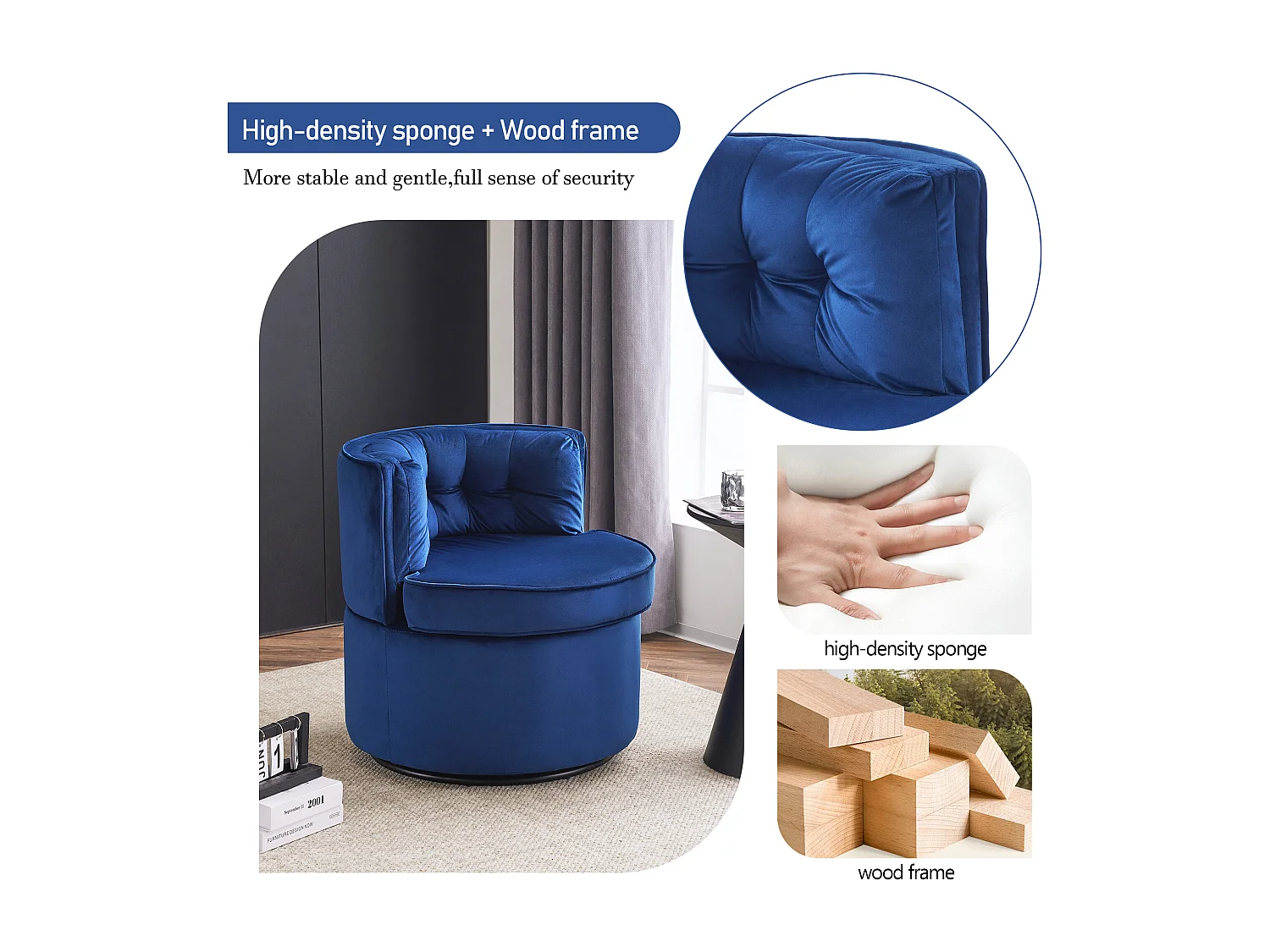 Sillón giratorio redondo - tapizado en terciopelo con respaldo - cómodo sillón - azul - 65 x 65 x 69 cm