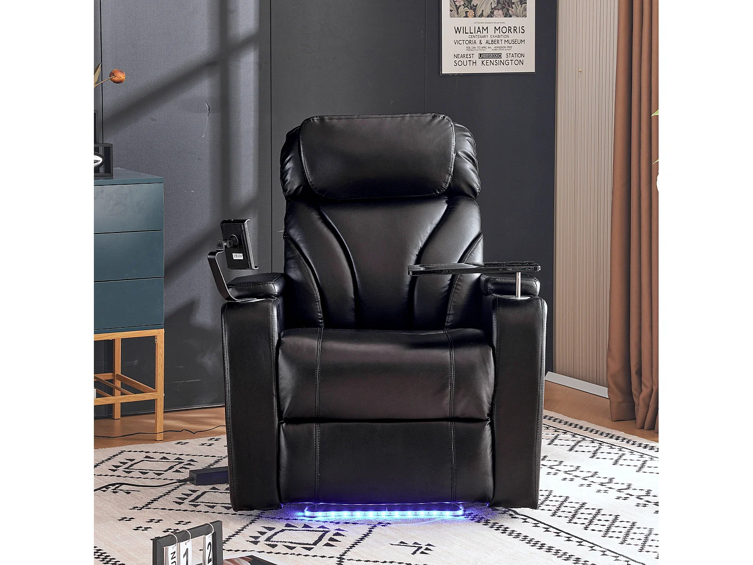 Sillón de relajación reclinable giratorio 360° - Cuero PU y metal - Soporte + Portabebidas + Bluetooth + Toma USB - Negro