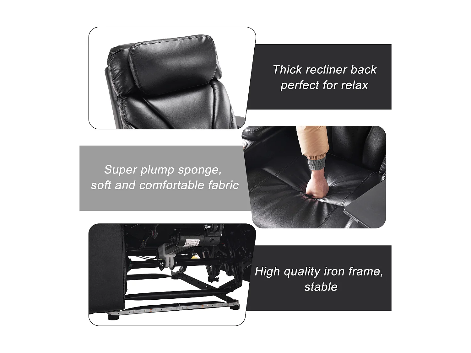Sillón de relajación reclinable giratorio 360° - Cuero PU y metal - Soporte + Portabebidas + Bluetooth + Toma USB - Negro