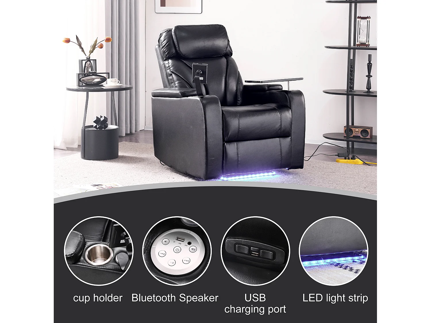 Sillón de relajación reclinable giratorio 360° - Cuero PU y metal - Soporte + Portabebidas + Bluetooth + Toma USB - Negro