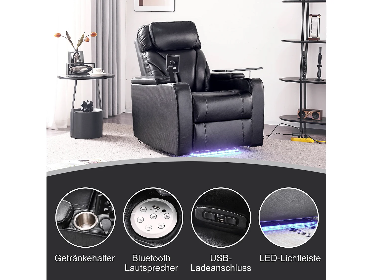 Sillón de relajación reclinable giratorio 360° - Cuero PU y metal - Soporte + Portabebidas + Bluetooth + Toma USB - Negro