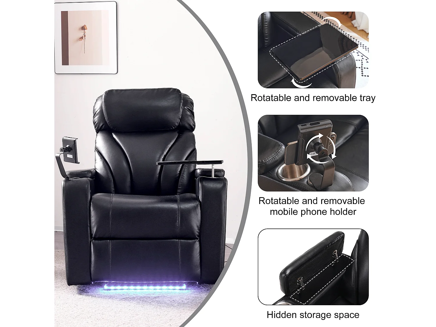 Sillón de relajación reclinable giratorio 360° - Cuero PU y metal - Soporte + Portabebidas + Bluetooth + Toma USB - Negro