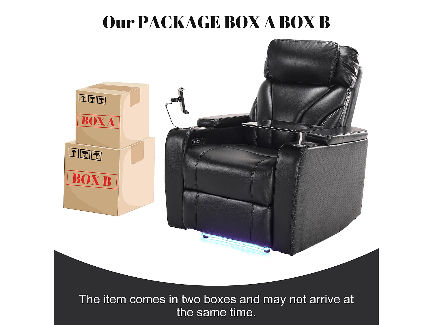 Sillón de relajación reclinable giratorio 360° - Cuero PU y metal - Soporte + Portabebidas + Bluetooth + Toma USB - Negro