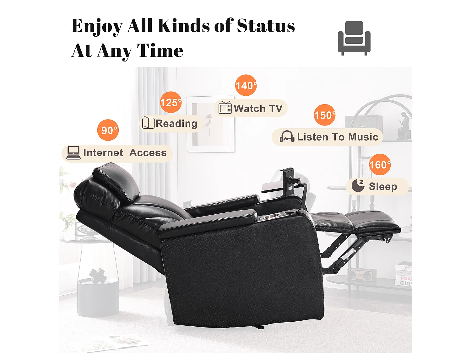 Sillón de relajación reclinable giratorio 360° - Cuero PU y metal - Soporte + Portabebidas + Bluetooth + Toma USB - Negro