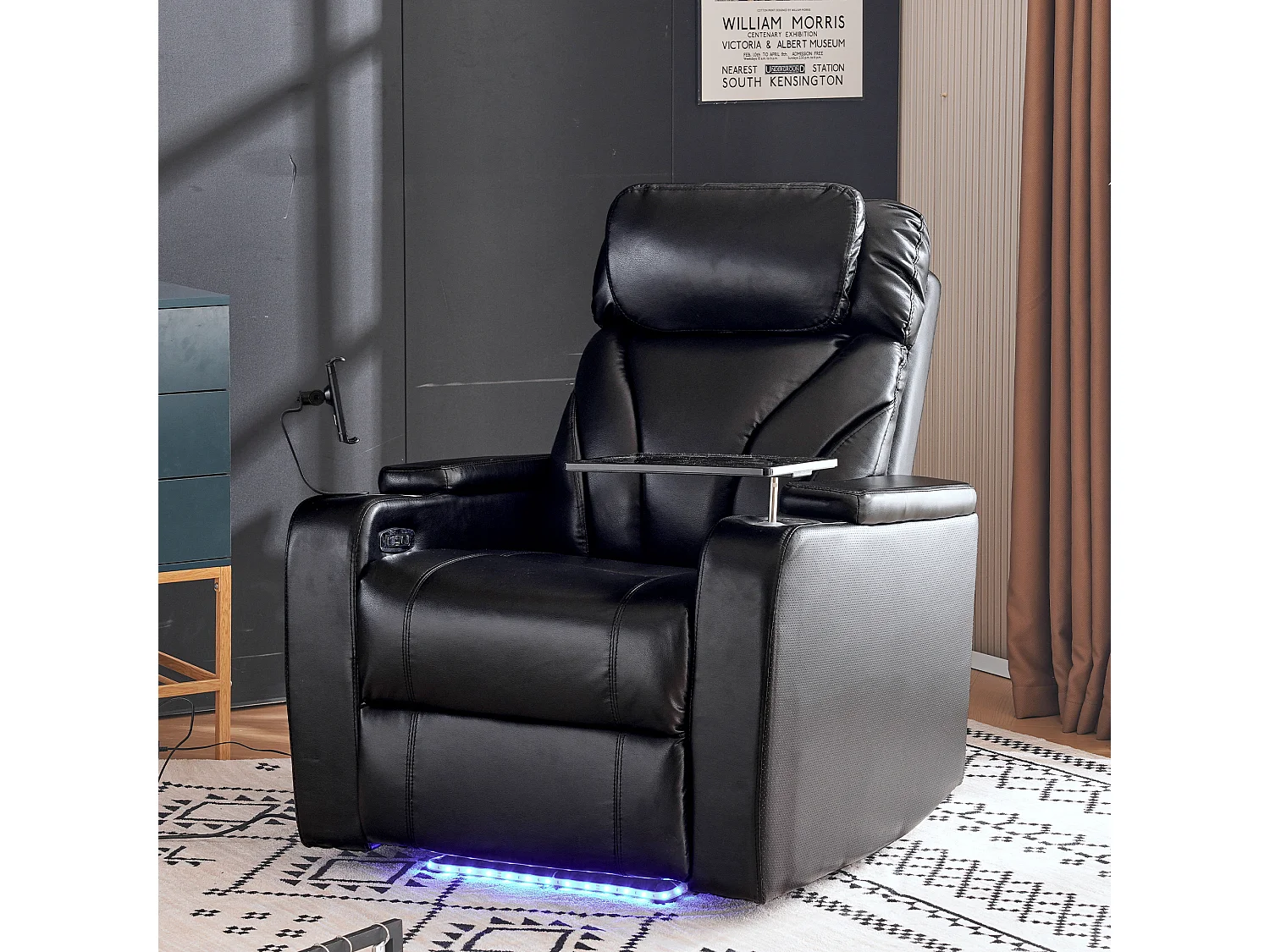 Sillón de relajación reclinable giratorio 360° - Cuero PU y metal - Soporte + Portabebidas + Bluetooth + Toma USB - Negro