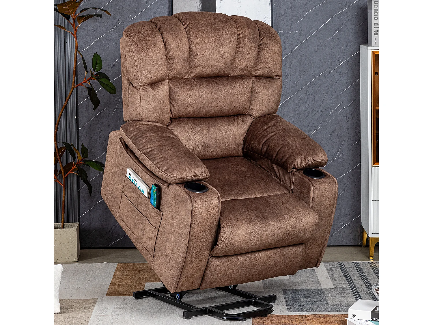 Elektrisch verstellbarer Massagesessel, Liegestuhl aus Stoff mit 2 Getränkehaltern, Seitentaschen und Fernbedienung für das Wohnzimmer, Braun