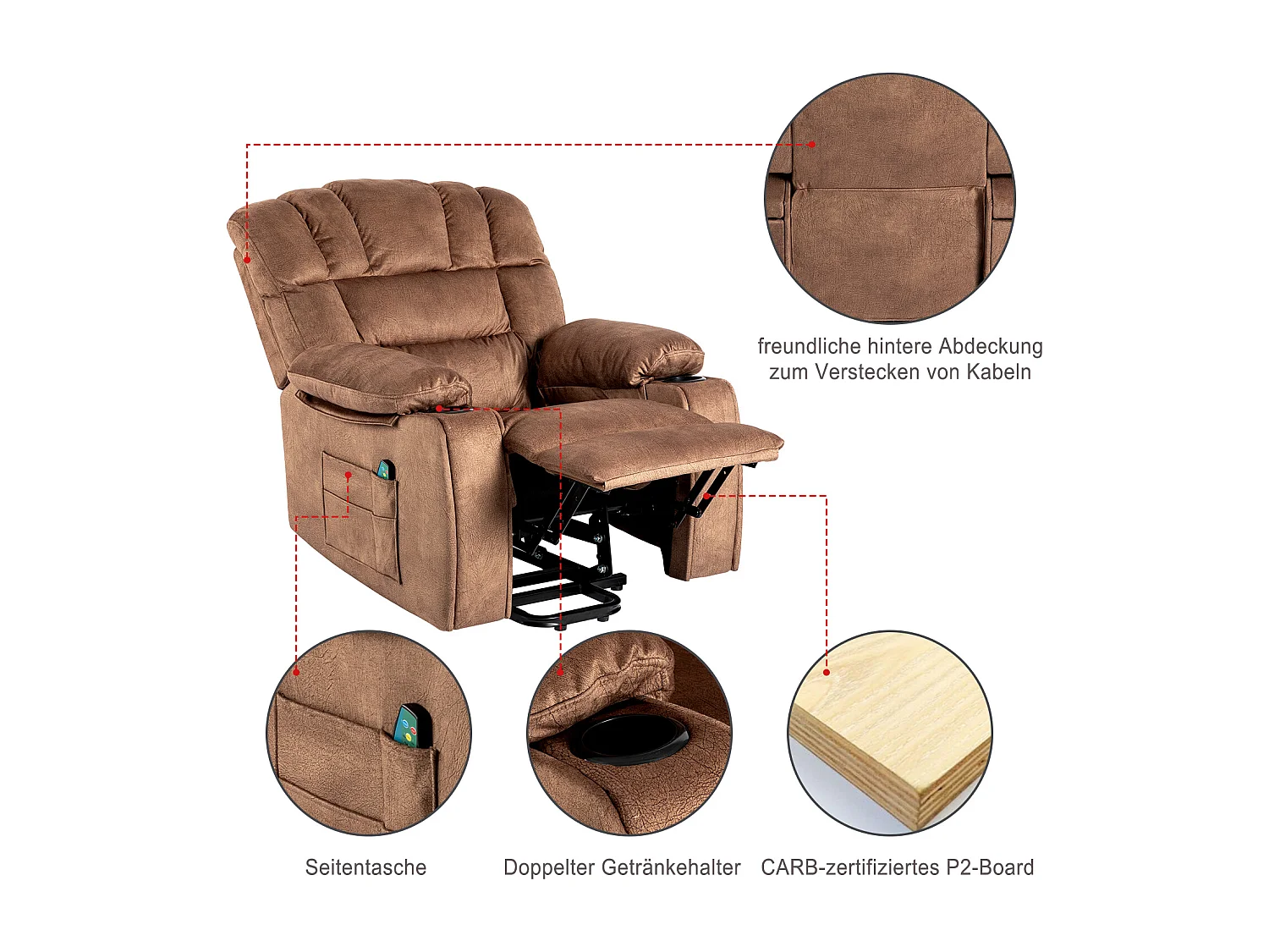 Elektrisch verstellbarer Massagesessel, Liegestuhl aus Stoff mit 2 Getränkehaltern, Seitentaschen und Fernbedienung für das Wohnzimmer, Braun