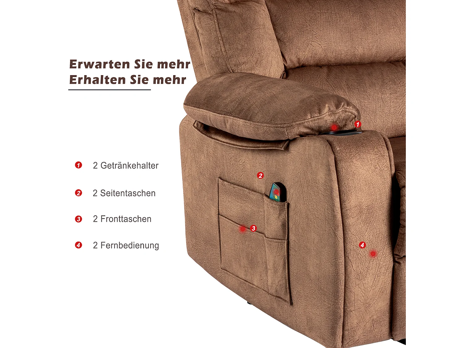 Elektrisch verstellbarer Massagesessel, Liegestuhl aus Stoff mit 2 Getränkehaltern, Seitentaschen und Fernbedienung für das Wohnzimmer, Braun